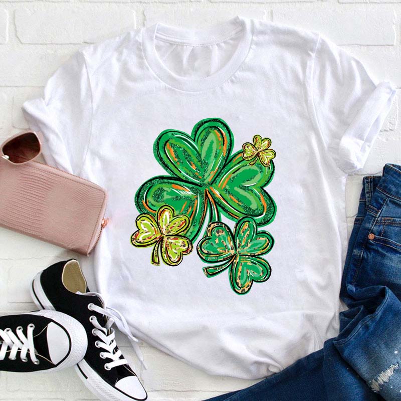 St Patrick's Day Clover Print Teacher T-Shirt Sale-Teachersgram
