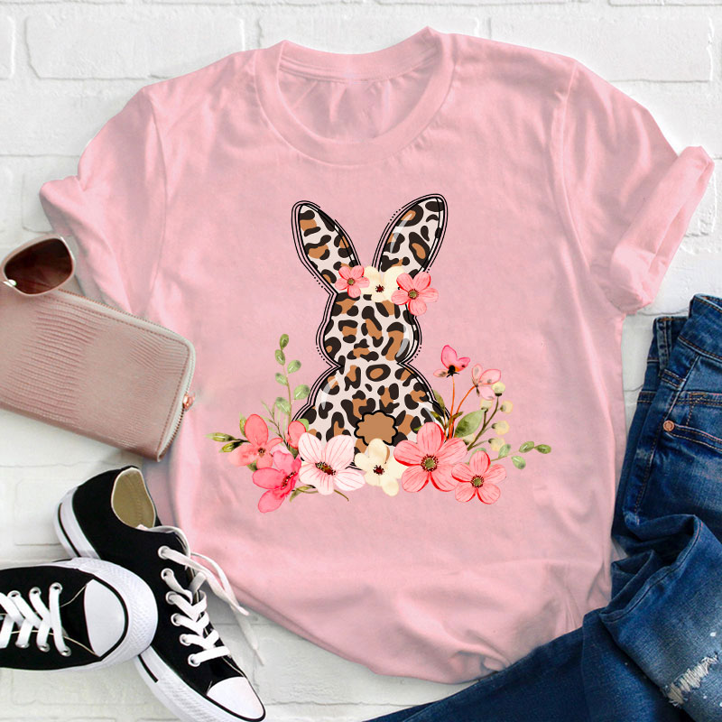 Leopard Floral Bunny Teacher T-Shirt
