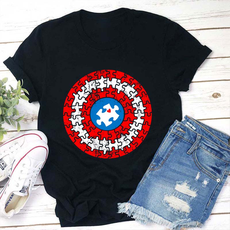 Superhero Shield Autism Puzzle Teacher T-Shirt Sale-Teachersgram