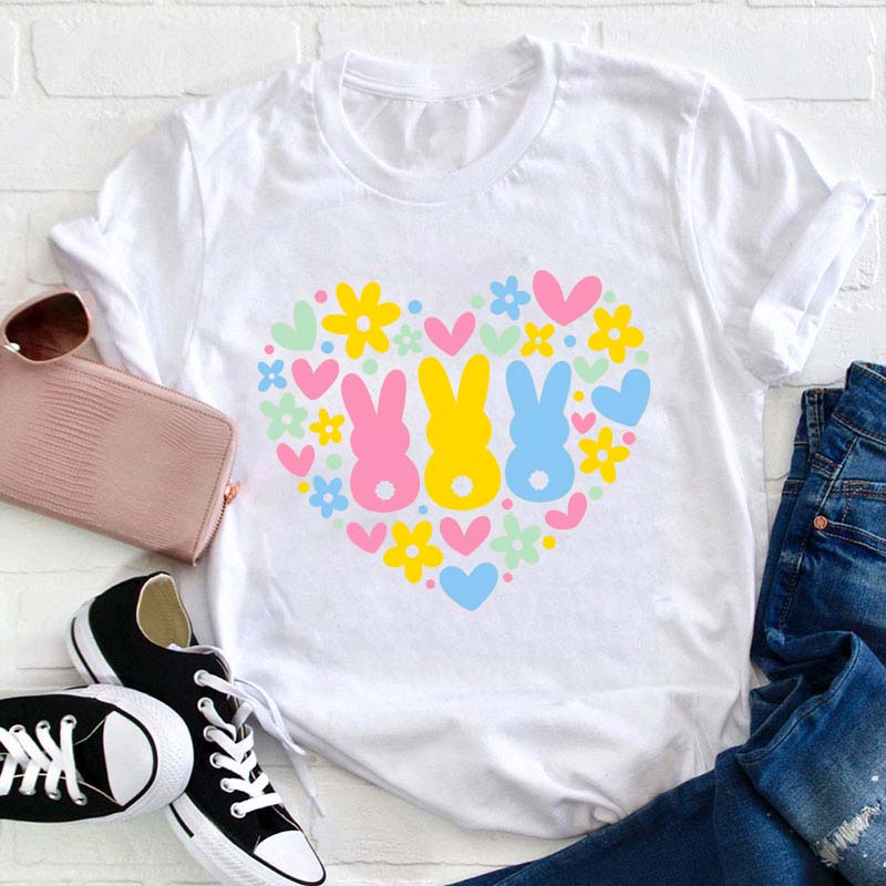 Floral Bunnies Heart Teacher T-Shirt