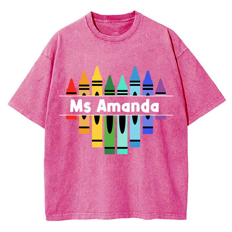 Personalized Name Colorful Crayons Teacher Washed T-Shirt