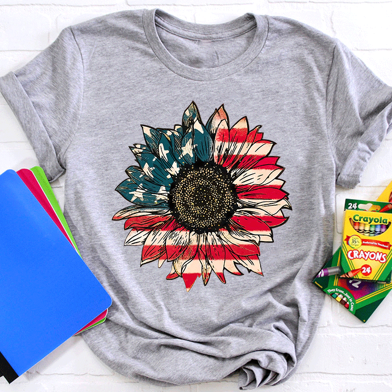 Vintage Flag Sunflower Teacher T-Shirt