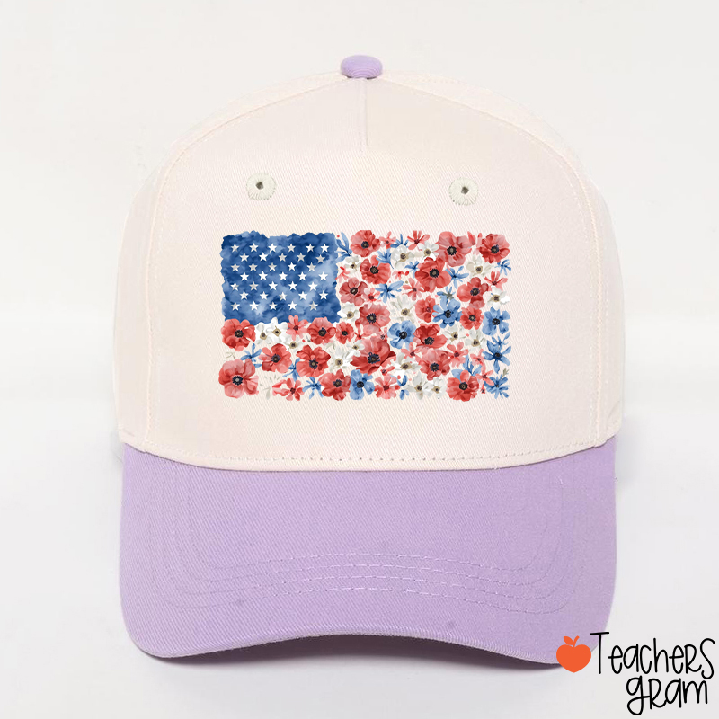 Vintage Floral USA Flag Teacher Baseball Cap