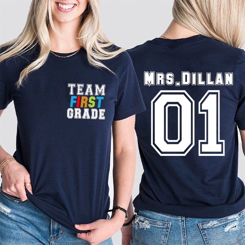 Personalized Retro Team Grade Teacher Two Sided T-Shirt