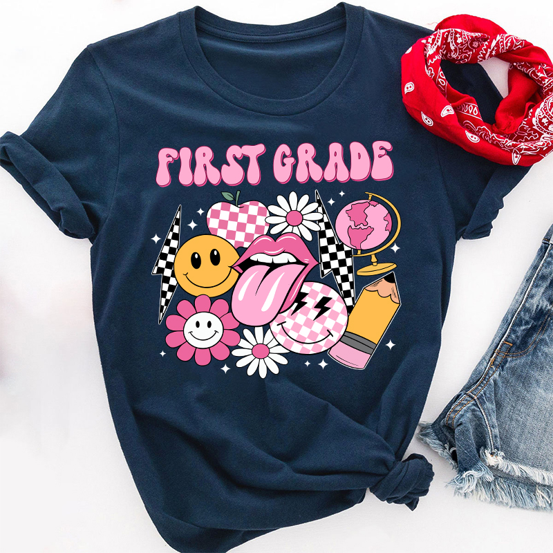 Personalized Pink Checkerboard And Smiley Face Grade Teacher T-Shirt