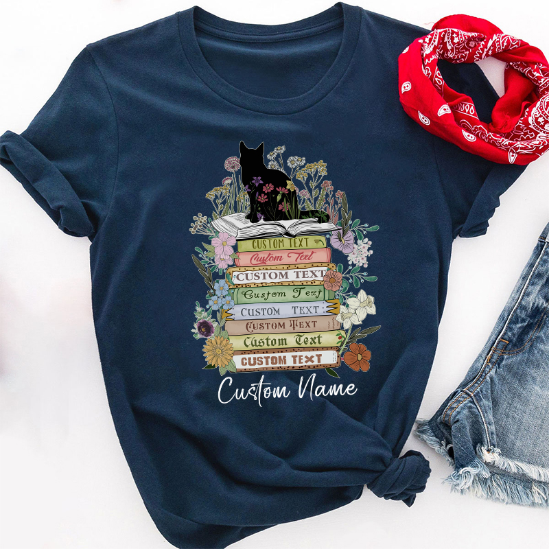 Personalized Vintage Floral Cat Books Teacher T-Shirt