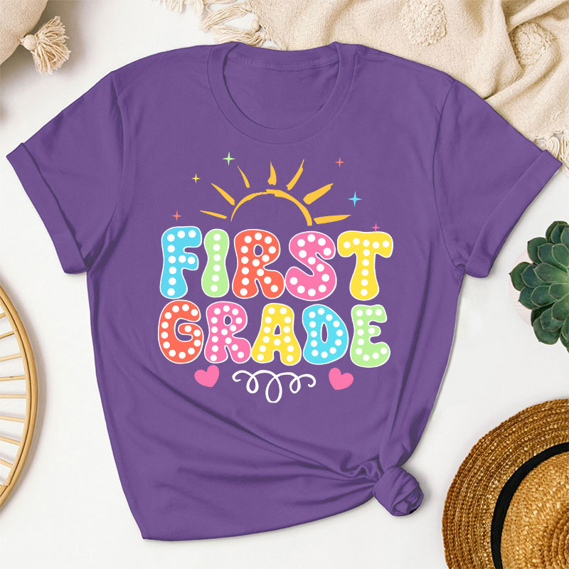 Personalized Neon Light And Sunshine Hello My Grade Teacher T-Shirt