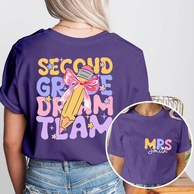 Personalized Teacher's Name And Grade Bow Pencil Print Teacher Two Sided T-Shirt