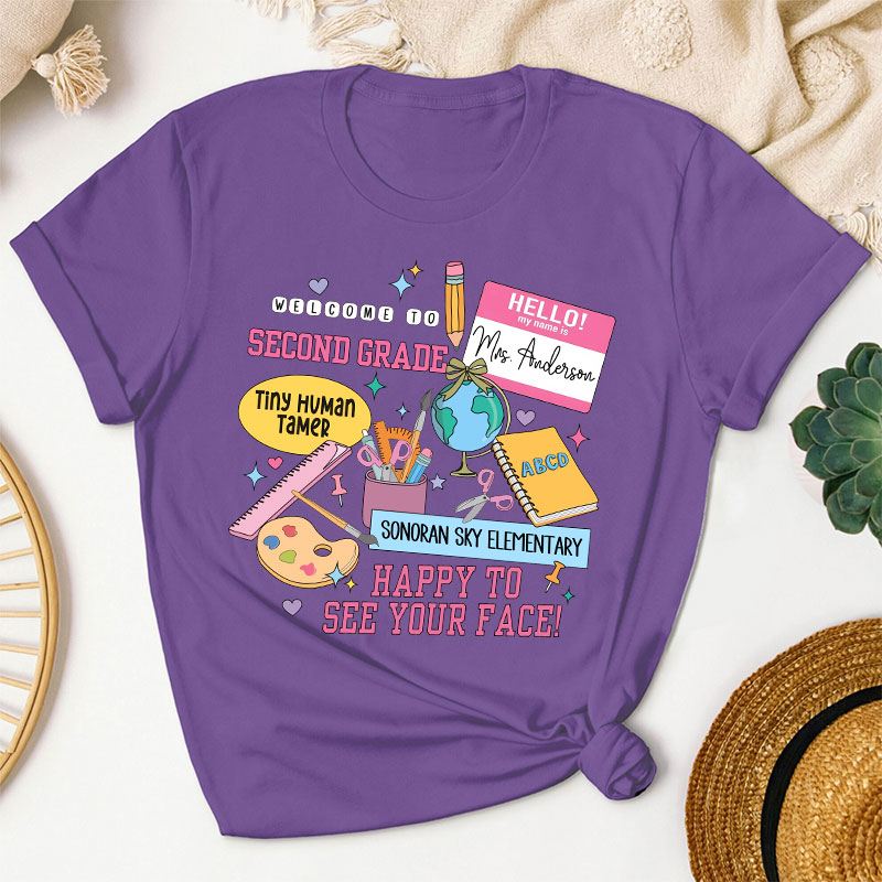 Personalized Teacher's Name School Name And Grade School Supplies Icon Teacher T-Shirt