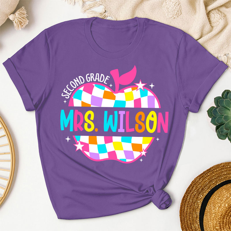 Personalized Colorful Checkerboard Hollow Apple Teacher T-Shirt