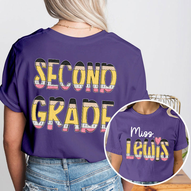 Personalized Teacher's Name And Grade Cartoon Pencil Font Design Teacher Two Sided T-Shirt