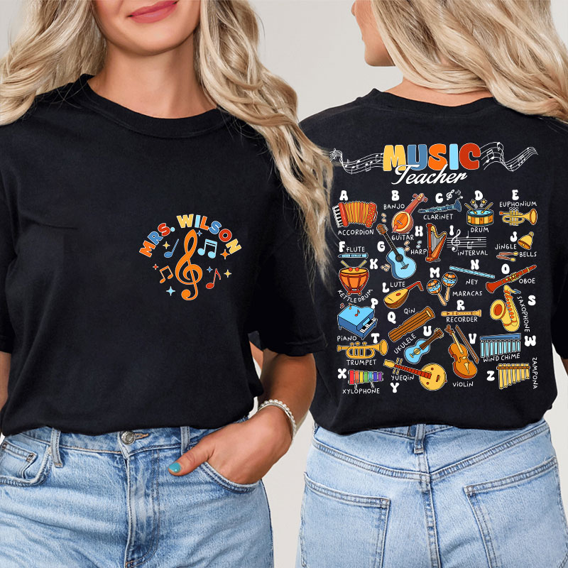 Personalized Music Teacher's Name Musical Instrument Icons Teacher Two Sided T-Shirt