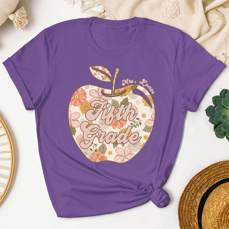 Personalized Vintage Floral Print Apple Teacher T-Shirt