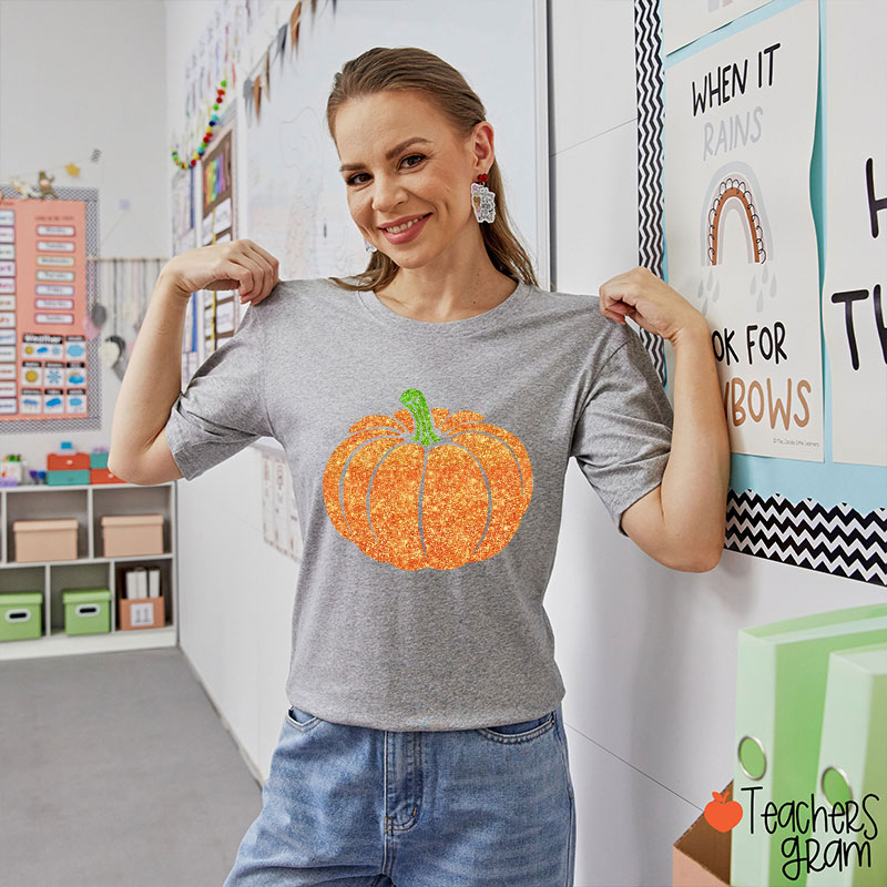 Glitter Fall Festive Pumpkins Teacher T-Shirt