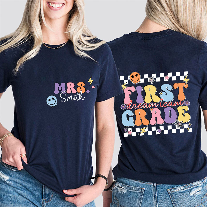 Personalized Teacher's Name And Grade Smiley Face Print Teacher Two Sided T-Shirt