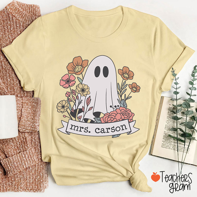 Personalized Name Floral Ghost Teacher T-Shirt