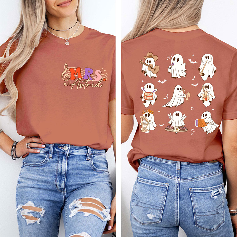 Personalized Name Ghost Music Teacher Two Sided T-Shirt