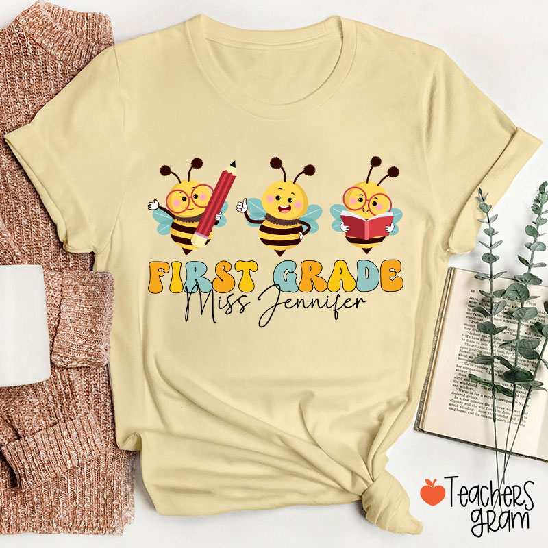 Personalized Cute Bee Name And Grade Teacher T-Shirt