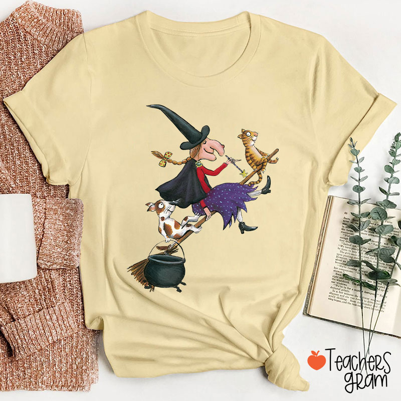 Witch Dog Cat Dark Gothic Halloween Teacher T-Shirt