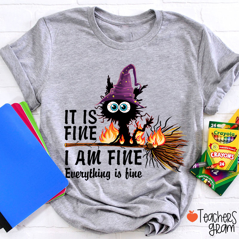 It Is Fine I Am Fine Everything Is Fine Halloween Broom Cat Teacher T-Shirt
