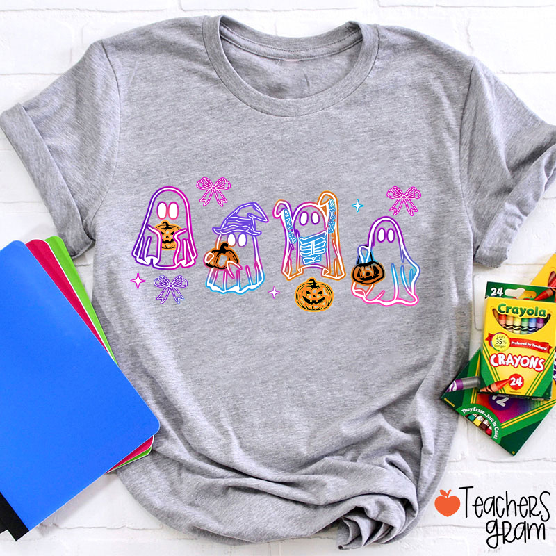 Colorful Neon Ghost Pumpkin Teacher T-Shirt