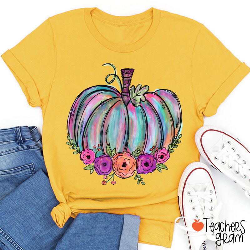 Colorful Pumpkin Watercolor Pumpkin Teacher T-Shirt