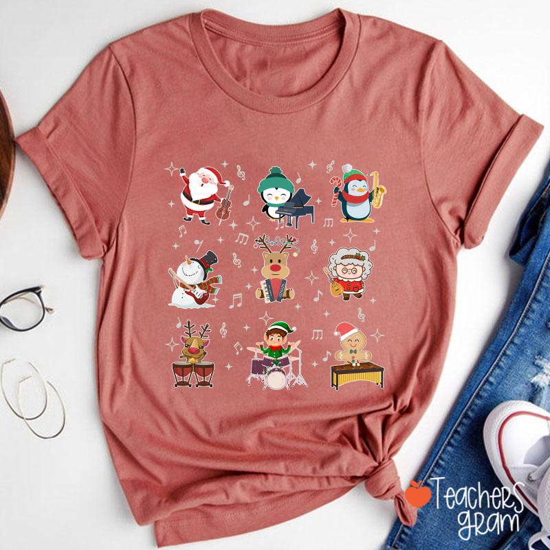 Cute Christmas Cartoons Playing Musical Instruments TeacherT-Shirt