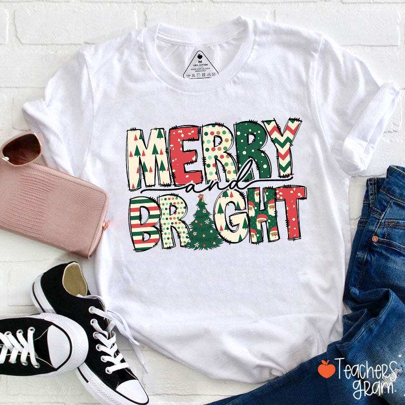 Merry and Bright Christmas Vibe Teacher T-Shirt