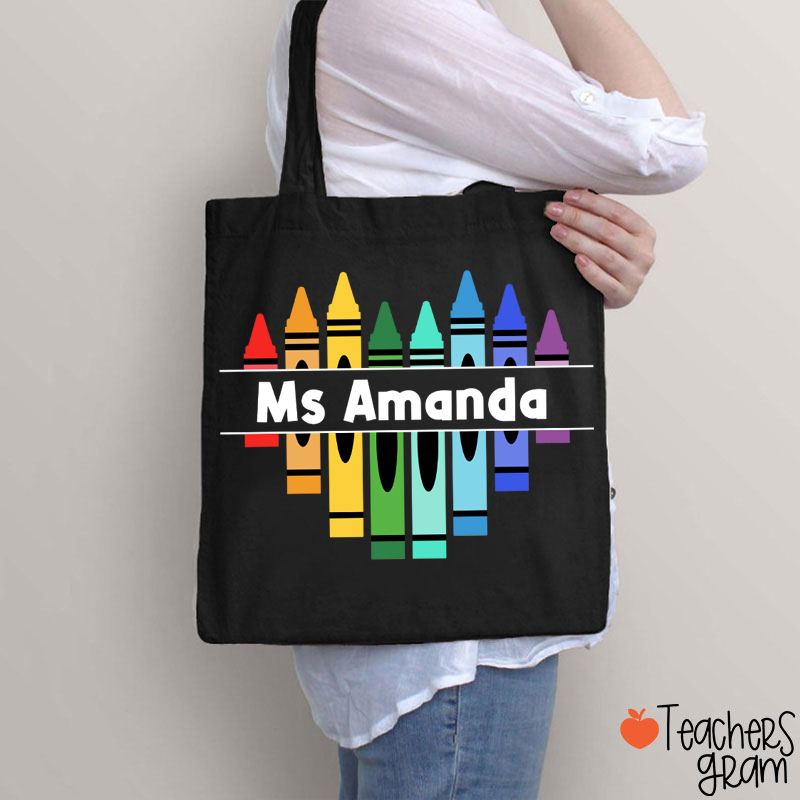 Personalized Name Colorful Crayons Teacher Tote Bag