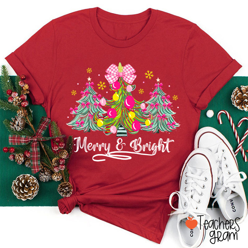 Fantasy Bow Christmas Tree Merry And Bright Christmas Teacher T-Shirt