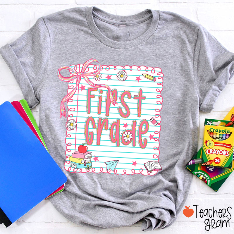 Personalized Grade Pink Bow Notebook Teacher T-Shirt