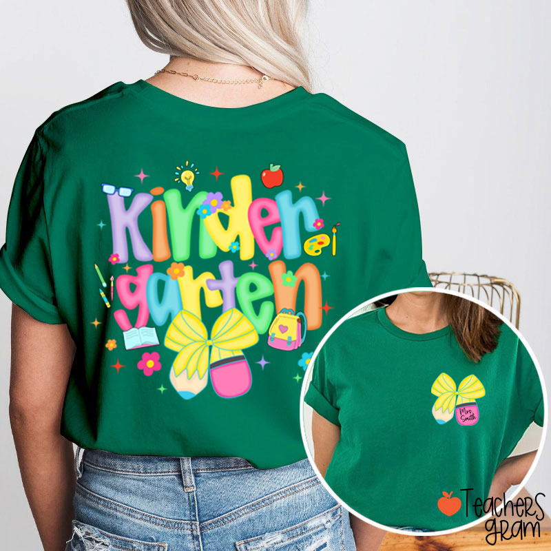 Personalized Name And Grade Pencil Bow Candy Color Fonts Teacher Two Sided T-Shirt