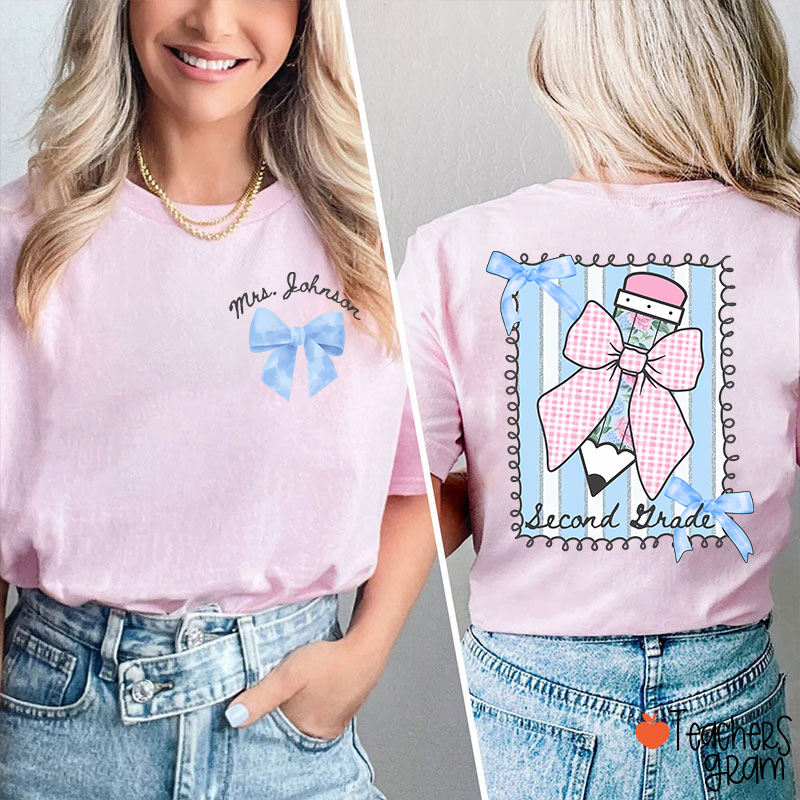 Personalized Grade And Name Flower Pencil Checkered Bow Teacher Two Sided T-Shirt