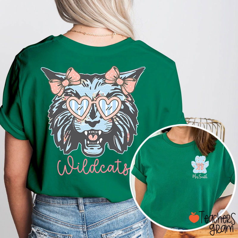 Personalized Mascot And Name Cute Coquette Bow Teacher Two Sided T-Shirt
