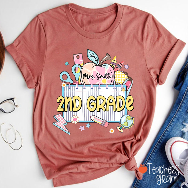 Personalized Grade And Name Apple Notebook Teacher T-Shirt