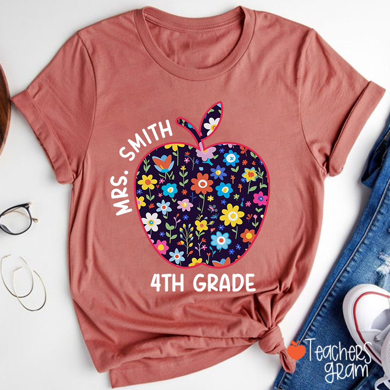 Personalized Grade And Name Blue And White Porcelain Apple Teacher T-Shirt
