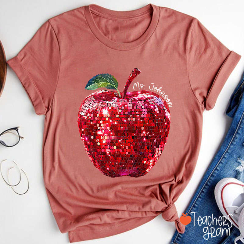 Personalized Red Glitter Apple And Name Teacher T-Shirt
