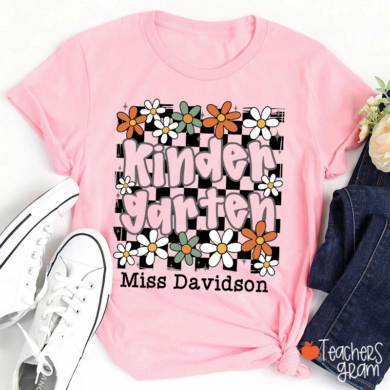 Personalized Text And Name Checkered Flowers Teacher T-Shirt