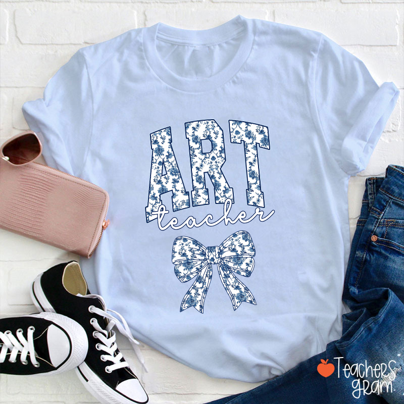 Personalized Text Blue And White Porcelain Bow Teacher T-Shirt
