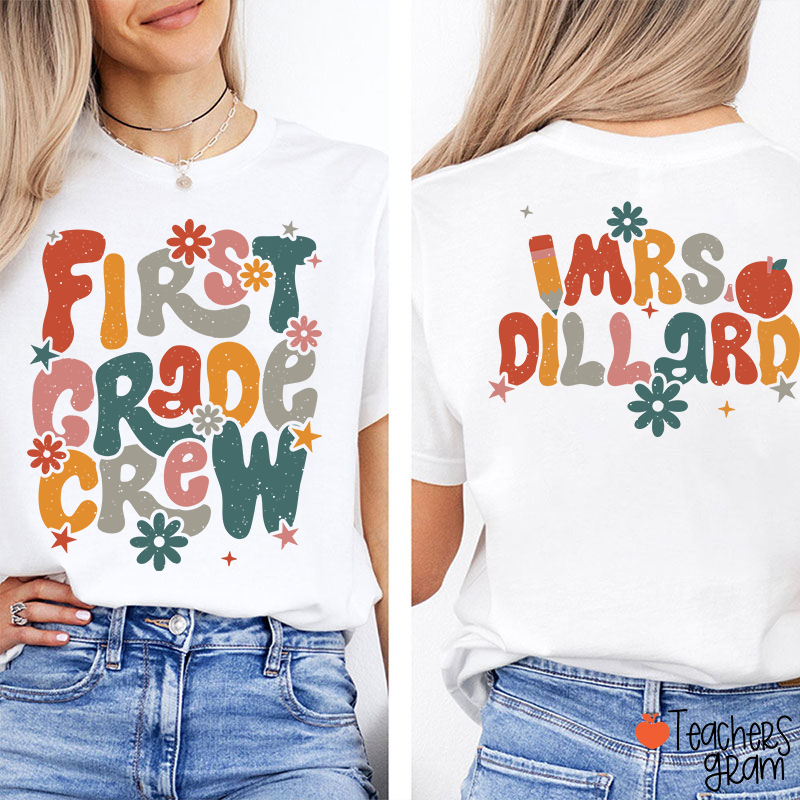 Personalized Name And Grade Bloom Flowers Teacher Two Sided T-Shirt