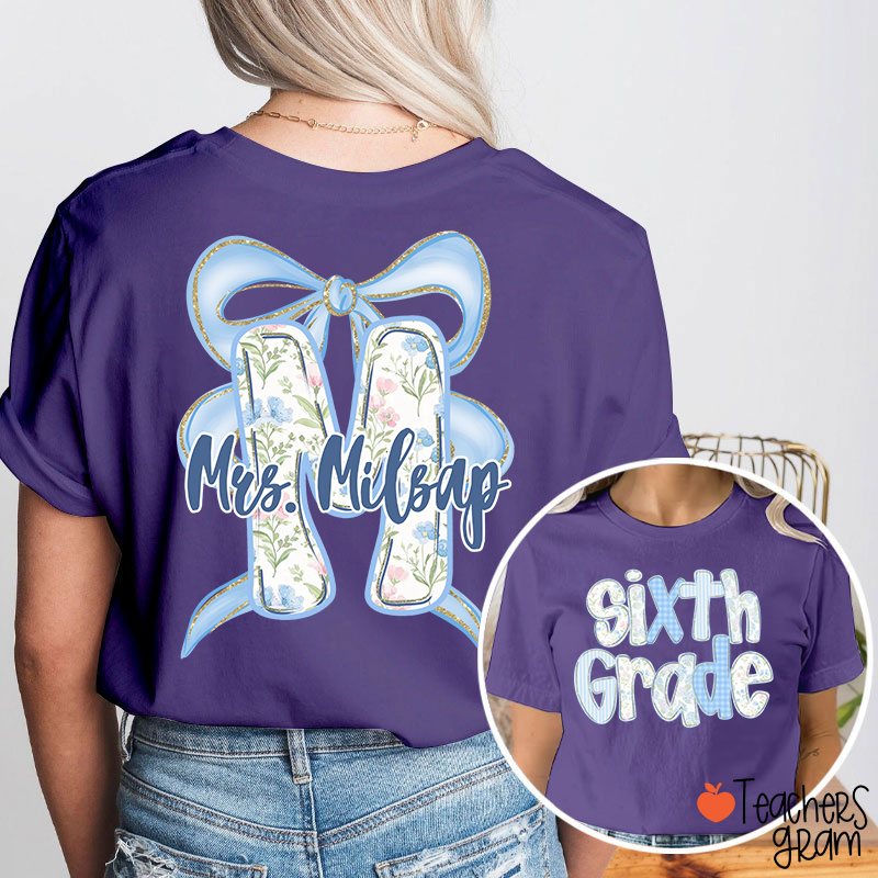 Personalized Grade And Name Initials Blue Bow Teacher Two Sided T-Shirt