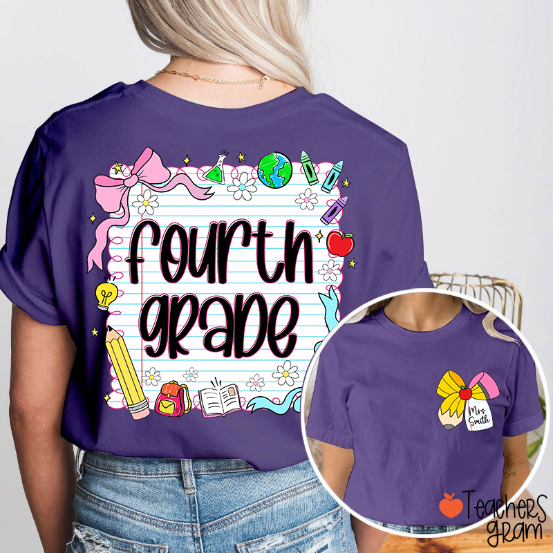 Personalized Grade And Name Pencil Bow Notebook Teacher Two Sided T-Shirt