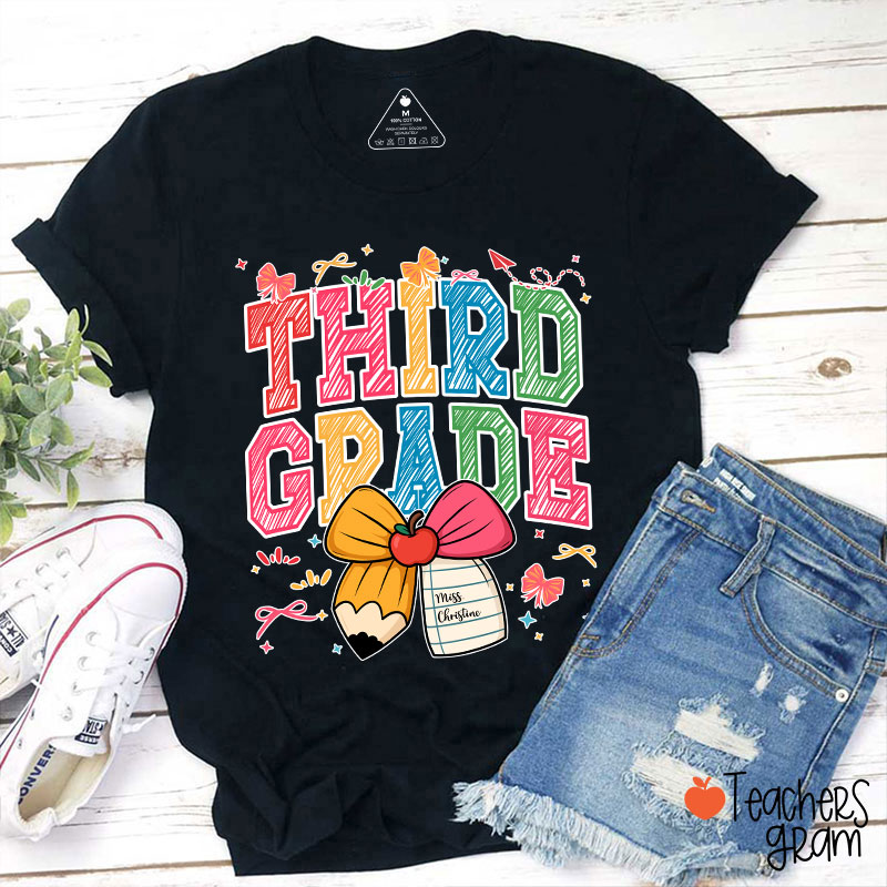 Personalized Grade Name Bow Hand-Drawn Pencil Apple Teacher T-Shirt