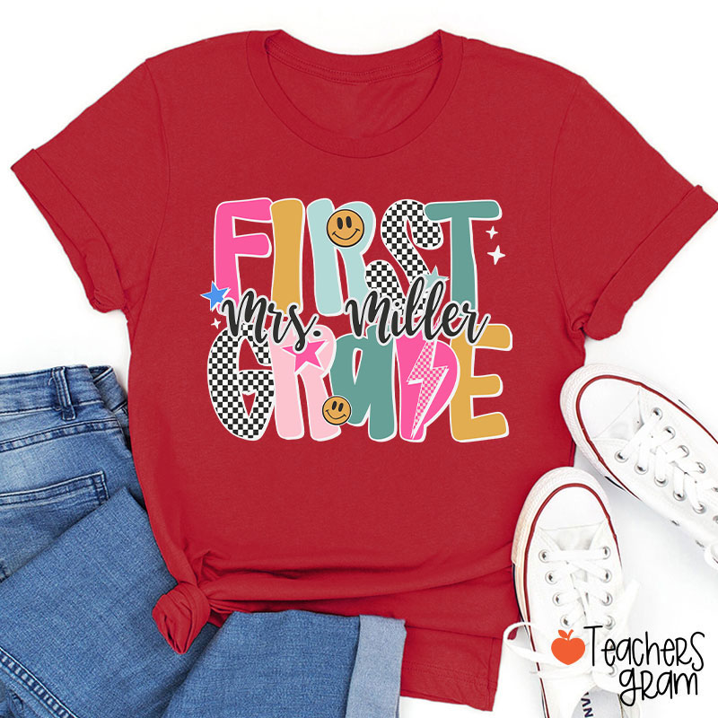Personalized Grade Checkered Smiley Lightning Teacher T-Shirt