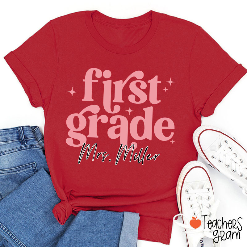 Personalized Grade Name Monochrome Stars Teacher T-Shirt
