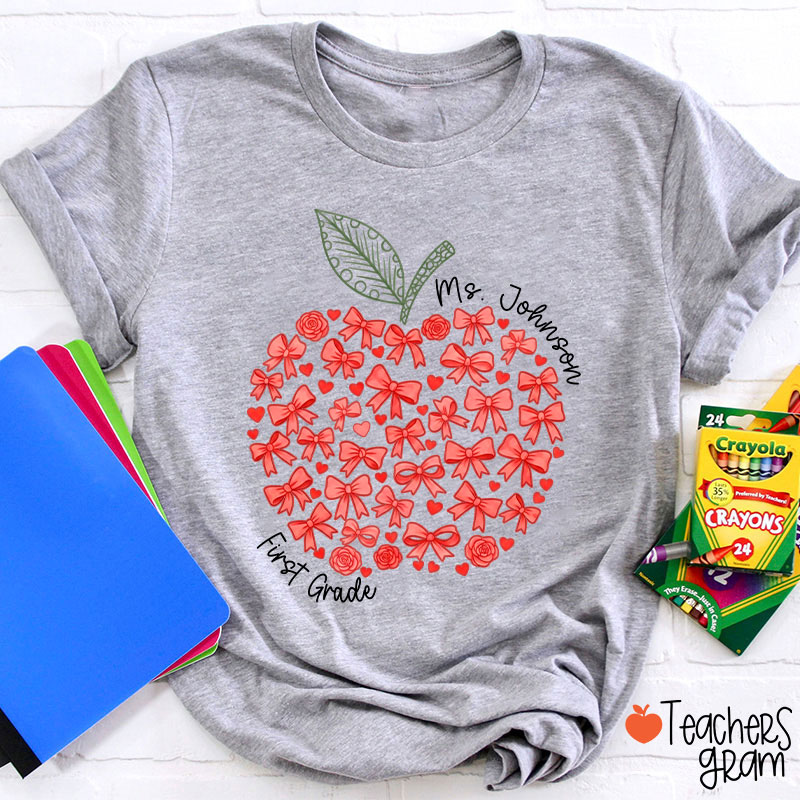 Personalized Name Or Grade Bow Apple Teacher T-Shirt