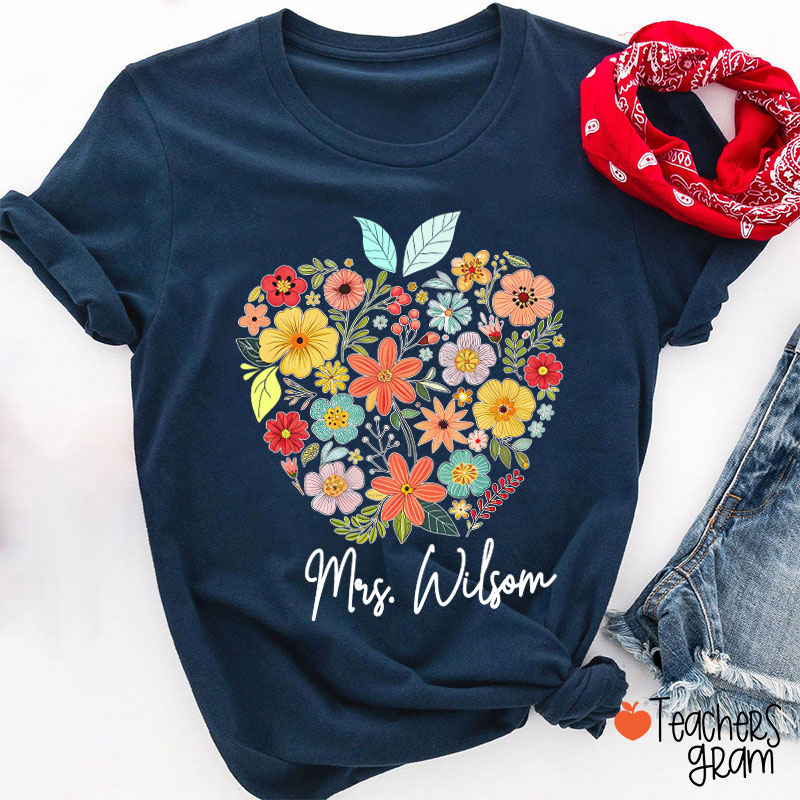 Personalized Floral Apple Name Teacher T-Shirt