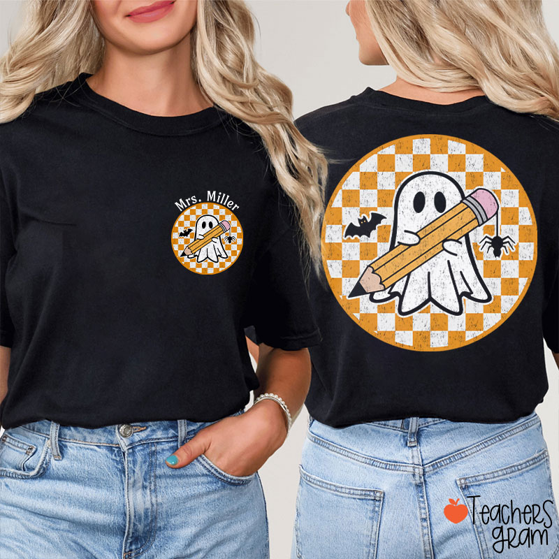Personalized Name Circle Checkered Ghost Teacher Two Sided T-Shirt