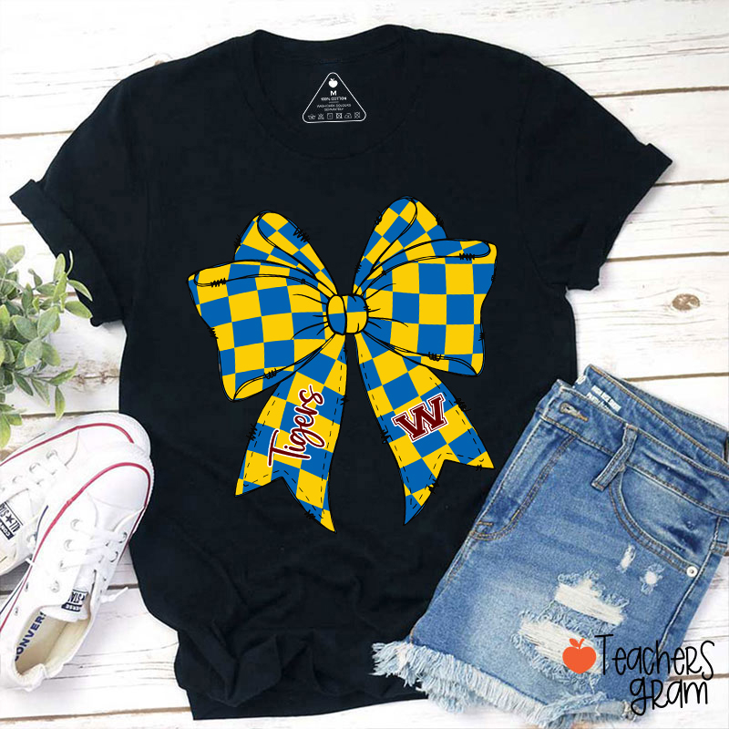 Personalized  Mascot Checkered Bow Game Day Teacher T-Shirt