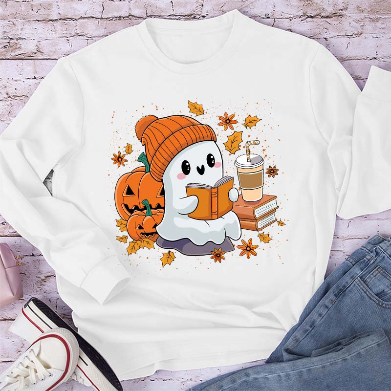 Reading Ghost Pumpkin Halloween Teacher Long Sleeve T-Shirt